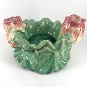 Bowl Majolica-Style Water‎ Lily Centerpiece Ceramic Trinket Bowl 10.5" W x 6"T